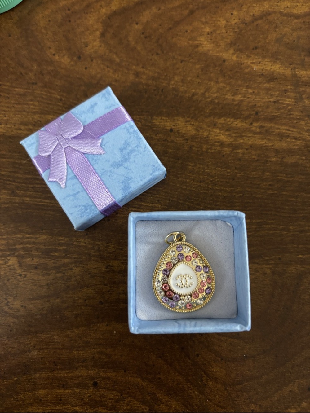 Chanel Logo Gold Teardrop Zipper Pull Charm with Purple Pink and Clear Stones